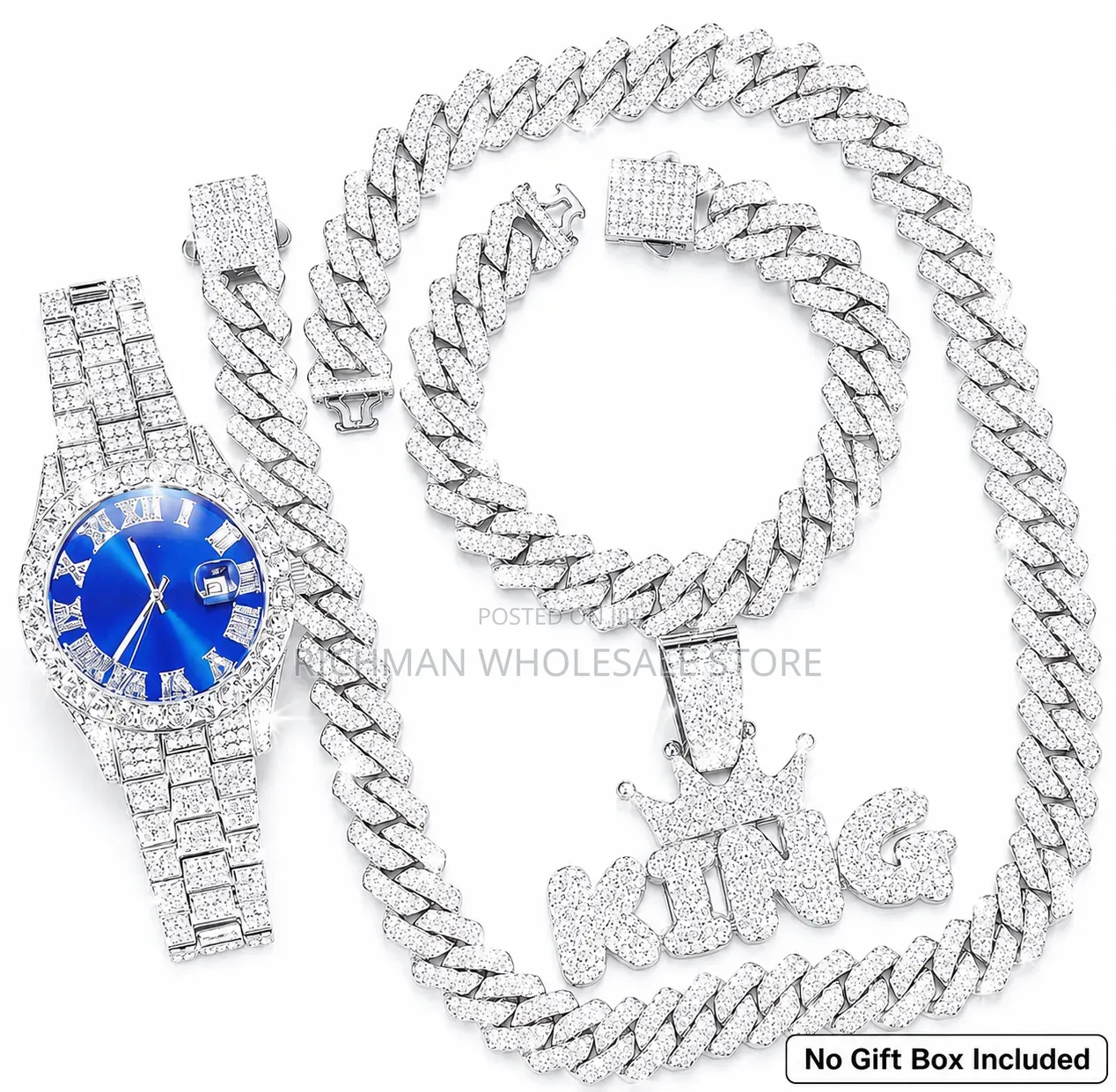 4PCS Luxury Quartz Watch KING Pendant Jewelry Set for Men