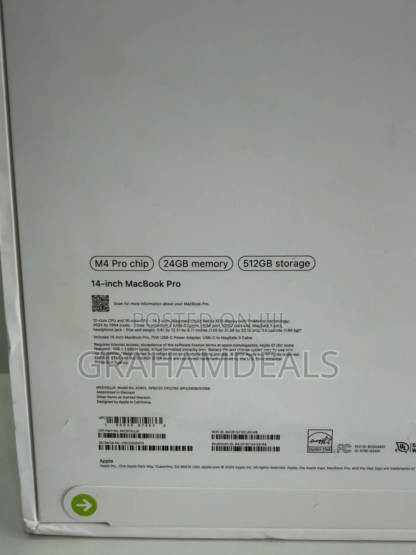 New Laptop Apple MacBook Pro 2024 M4 Pro 24GB Apple M4 Pro SSD 512GB