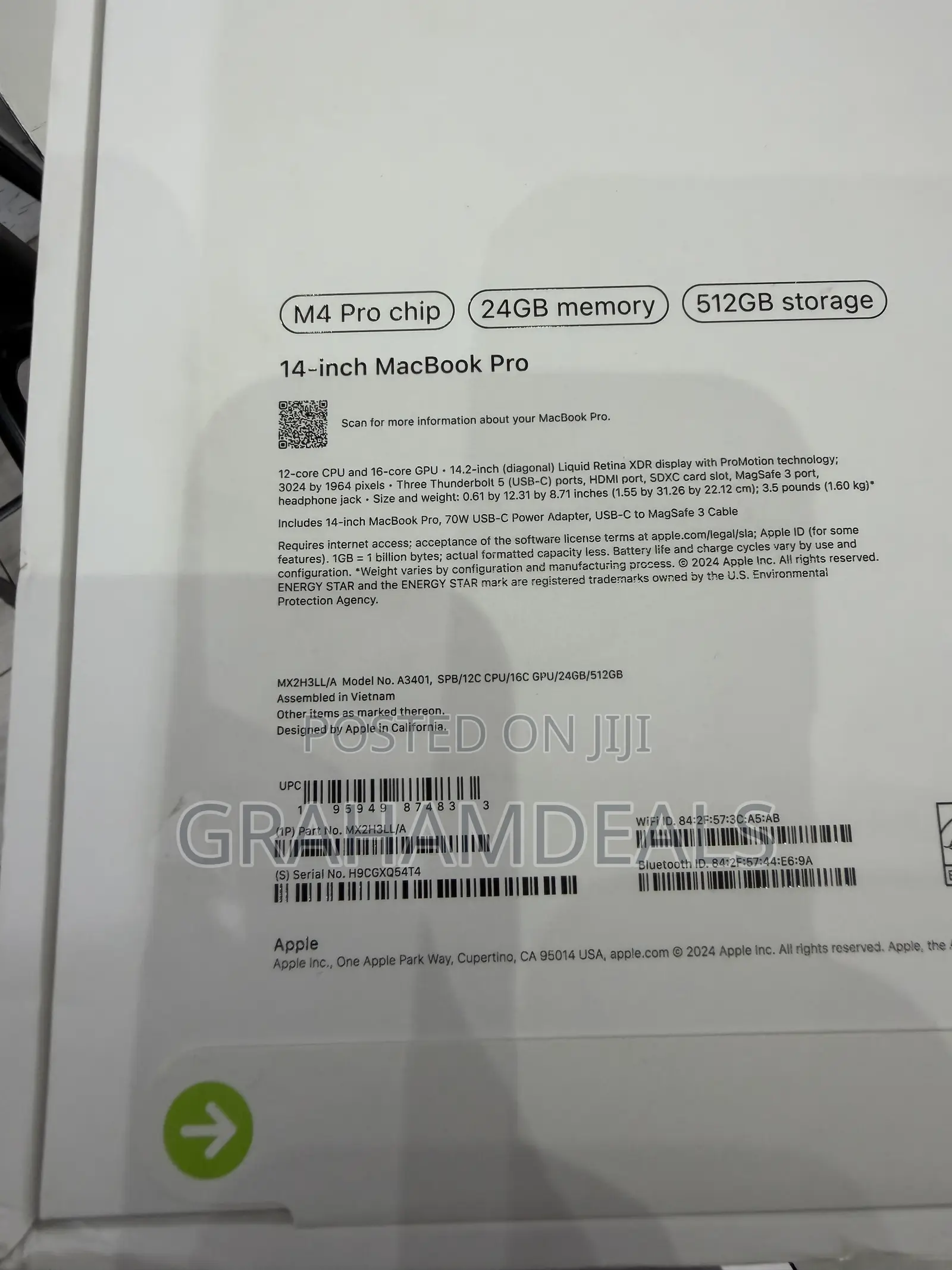 New Laptop Apple MacBook Pro 2024 M4 Pro 24GB Apple M4 Pro SSD 512GB