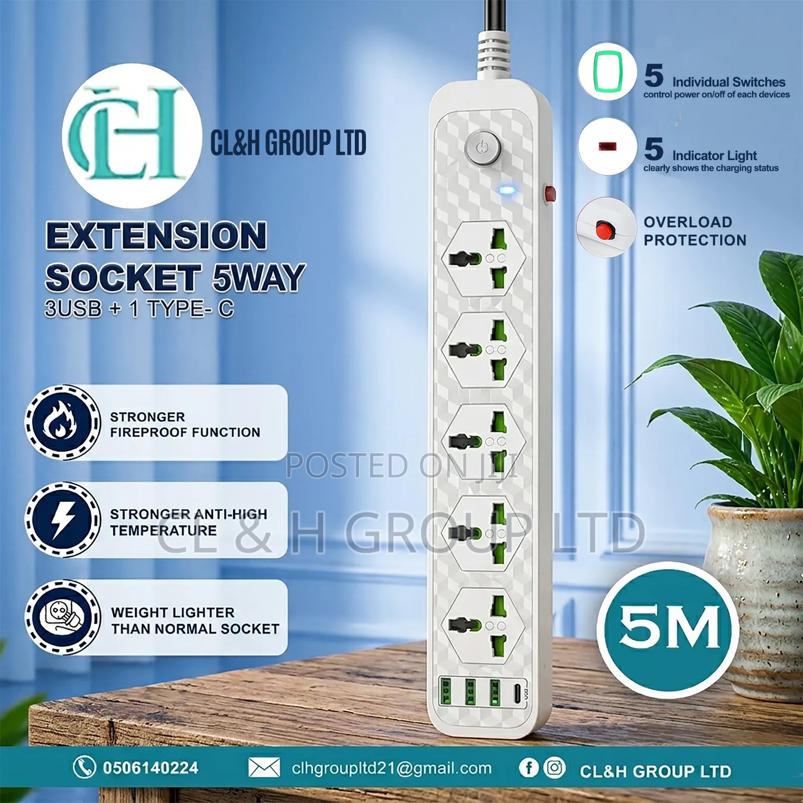 5way Extension Socket 3 USB + 1type-C