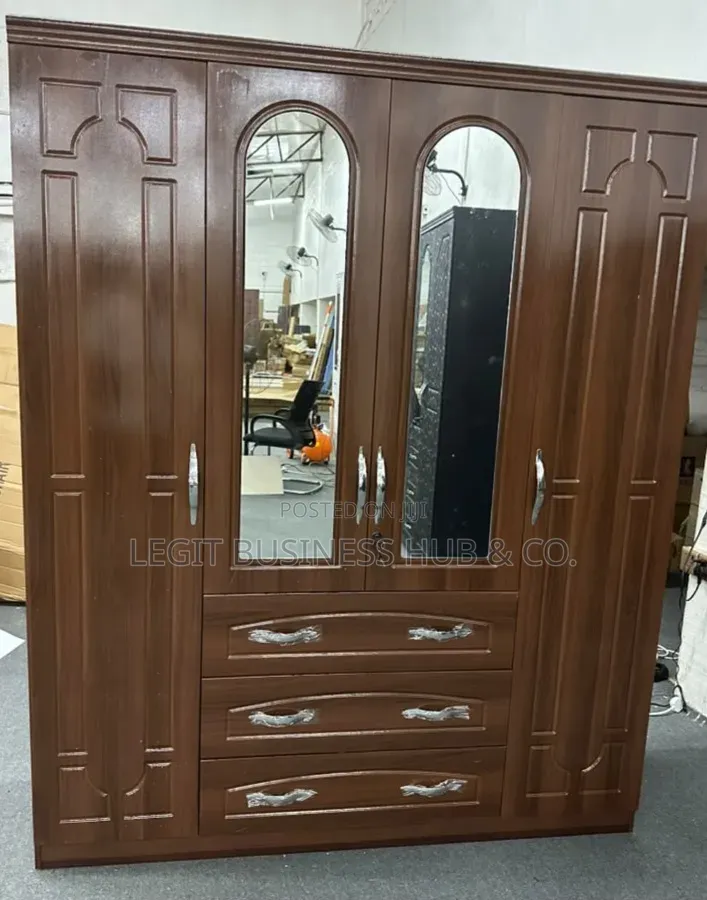 Brown Wooden 4 Doors Wardrobe With Mirror