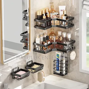 5-Piece Adhesive L-Shape Corner Shower Caddy Set - Black