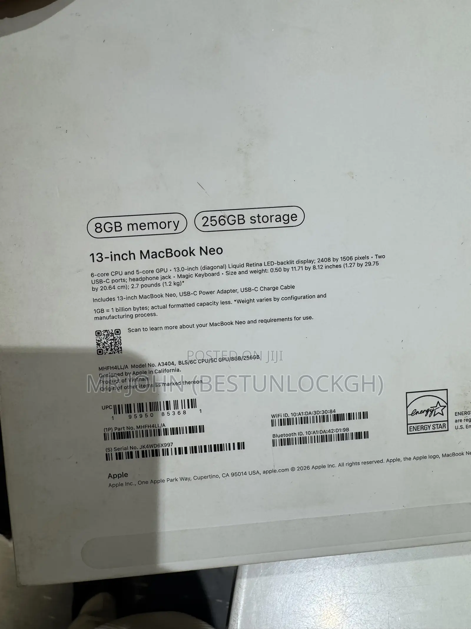 New Laptop Apple MacBook Neo 2026 8GB Apple M1 SSD 256GB