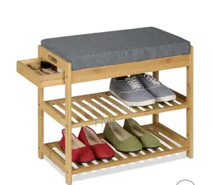Relaxdays Bamboo Shoe Bench With Grey Cushion Drawer