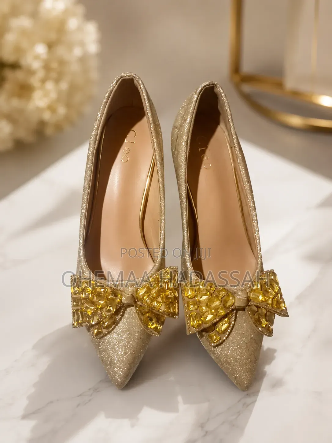 Golden Glam Crystal Bow Pointed Flats