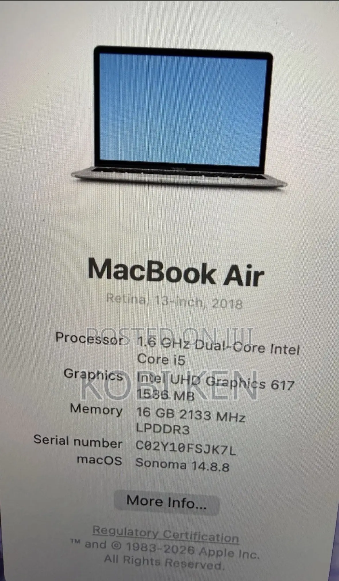Laptop Apple MacBook Air 2018 16GB Intel Core i5 SSD 128GB