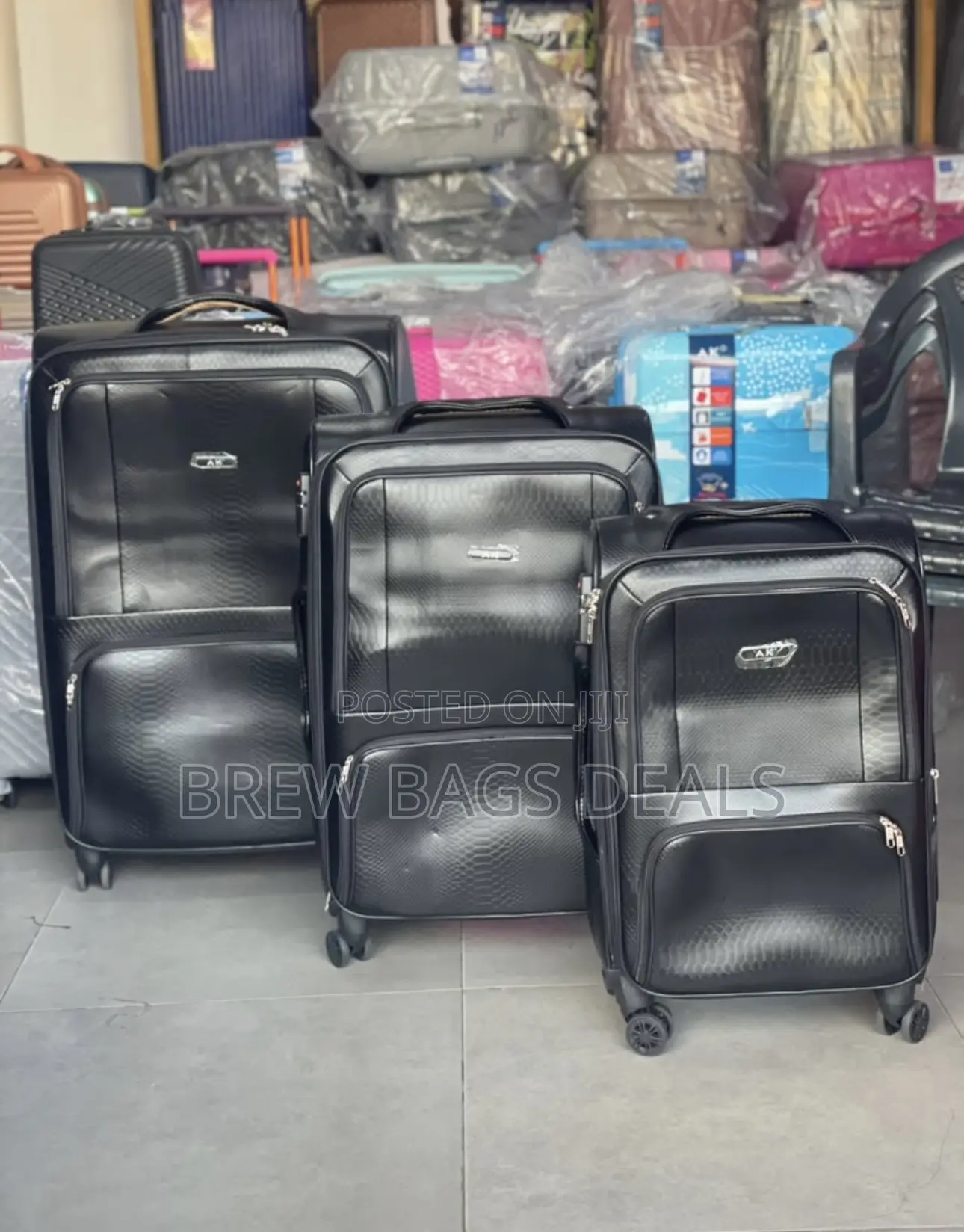 Premium Quality Ak Black Leather 3set Traveling Bag.