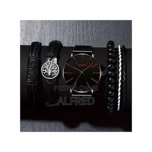 Men's Black 5-in-1 Stainless Steel Watch Bracelet Set