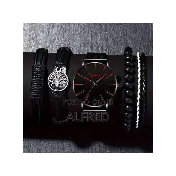 Men's Black 5-in-1 Stainless Steel Watch Bracelet Set