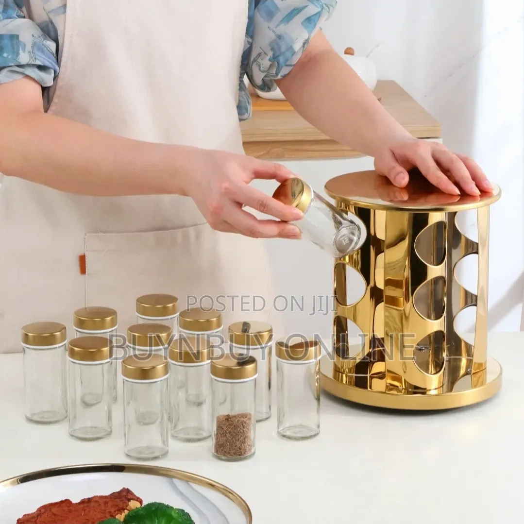 12 Piece Spice Jar With Revolving Spice Holder in Gold and Black