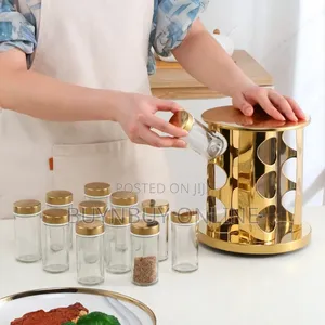 12 Piece Spice Jar With Revolving Spice Holder in Gold and Black