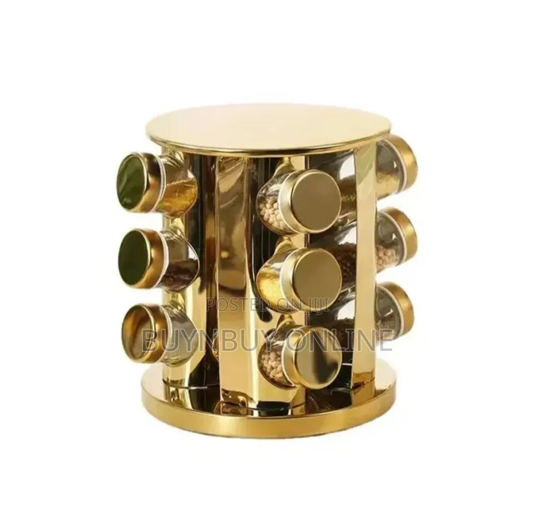 12 Piece Spice Jar With Revolving Spice Holder in Gold and Black