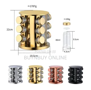 12 Piece Spice Jar With Revolving Spice Holder in Gold and Black