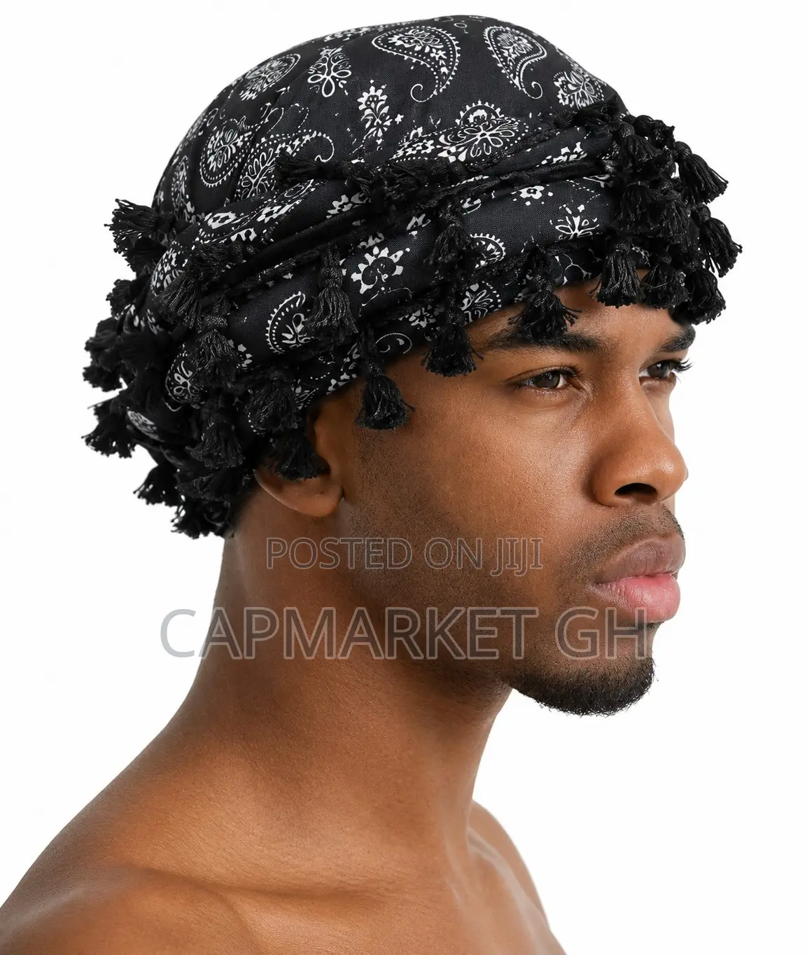 Unisex Black Paisley Satin-Lined Tassel Durag Head Wrap