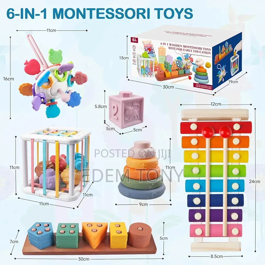 6-in-1 Wooden Montessori Set ;Blocks,activity Cube Teething Toys