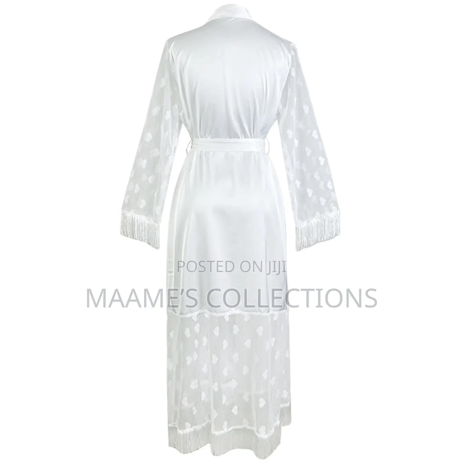 Luxury White Satin Bridal Robe With Heart Mesh Sleeves Tassel Hem
