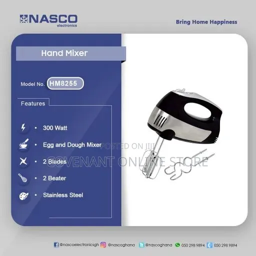 Nasco 300 Watts Hand Mixer Silver and Black Design