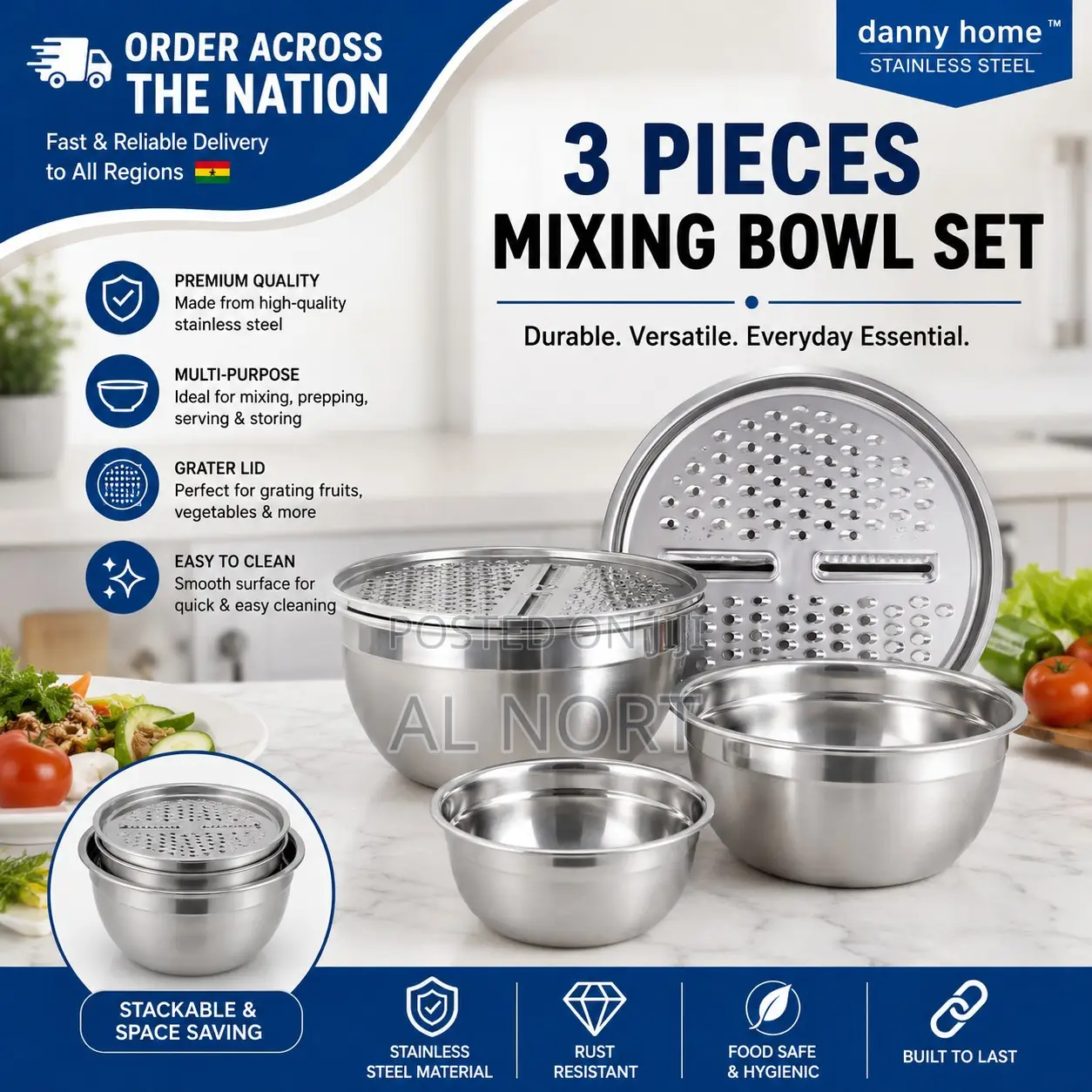 3-Piece Stainless Steel Mixing Bowl Set With Grater Sifter – Silver