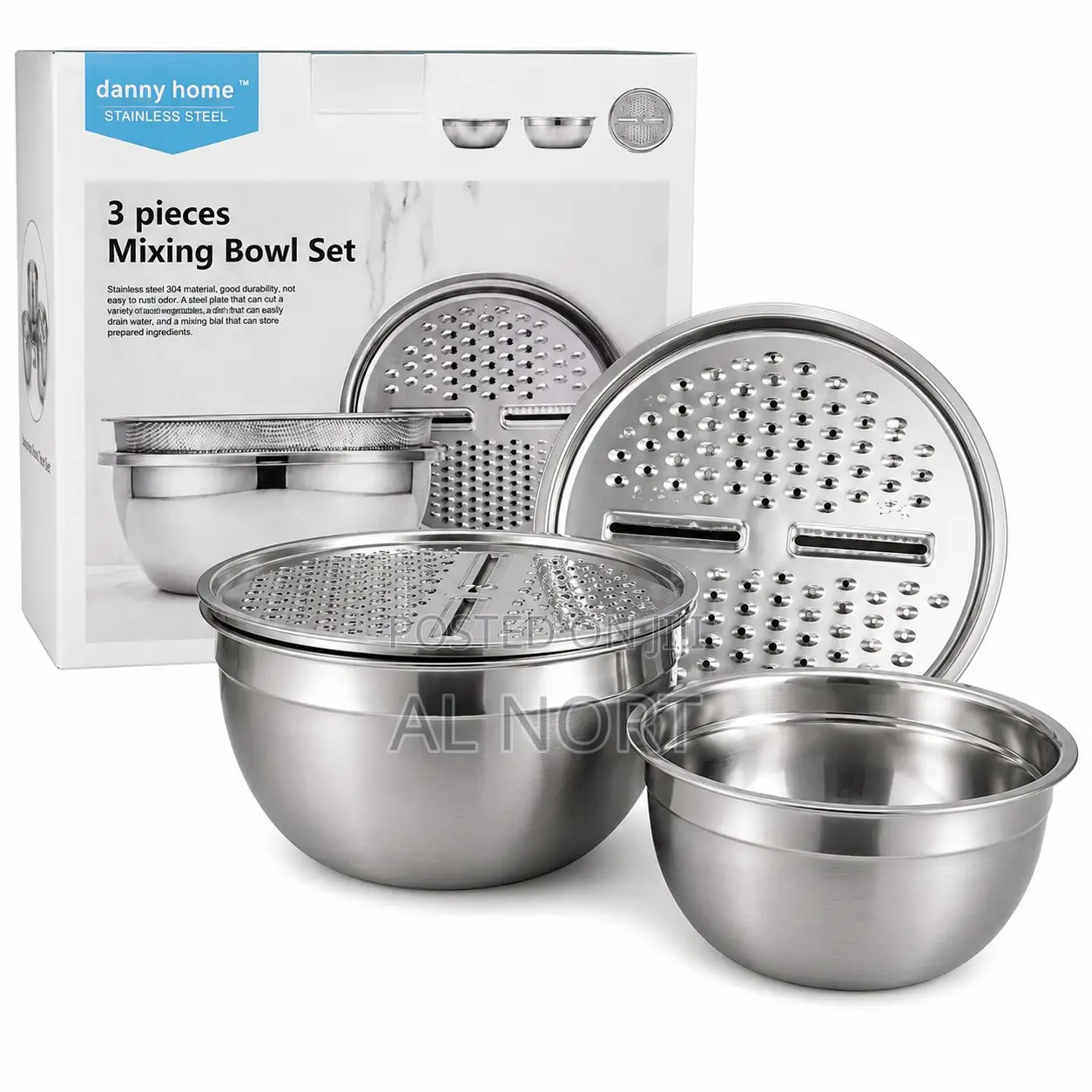 3-Piece Stainless Steel Mixing Bowl Set With Grater Sifter – Silver