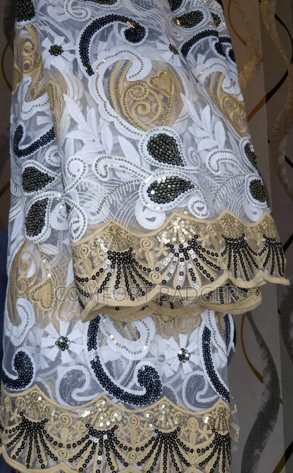 White Lace With Black and Gold Designs With Sequin