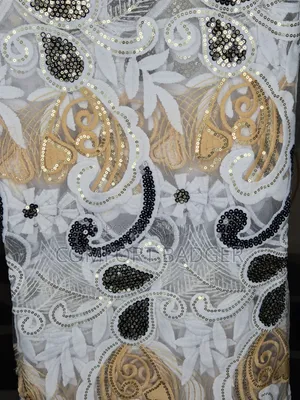 White Lace With Black and Gold Designs With Sequin
