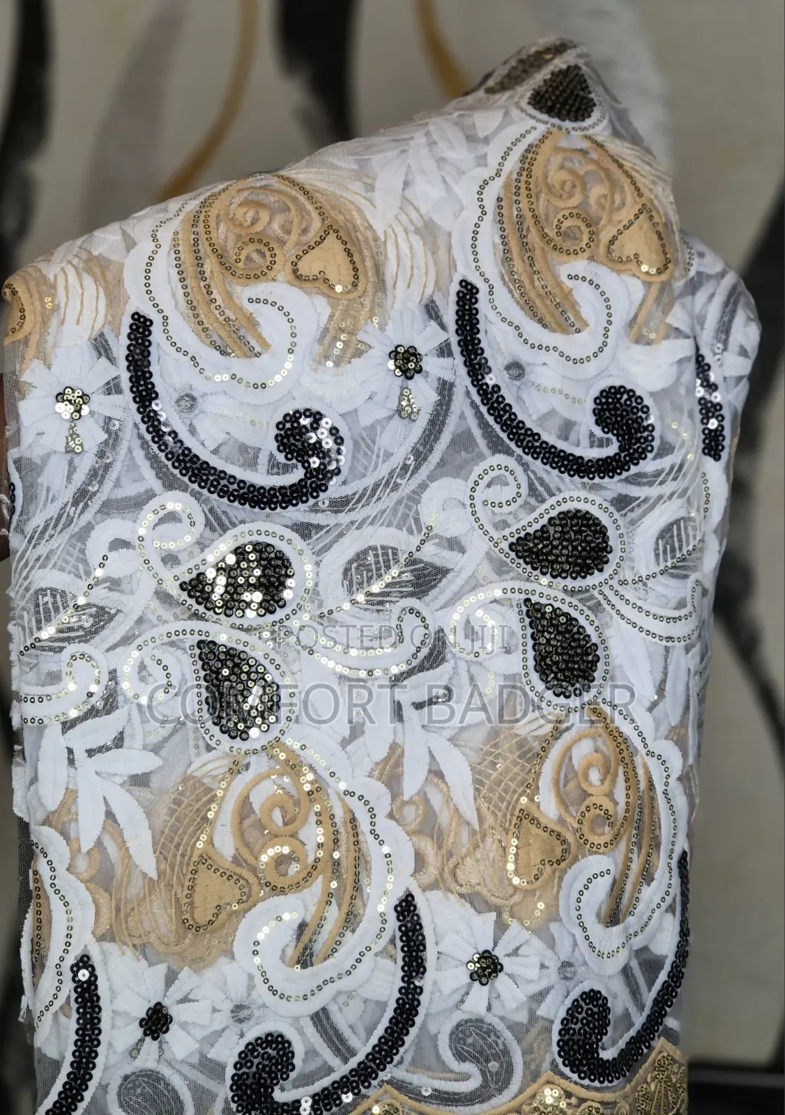 White Lace With Black and Gold Designs With Sequin