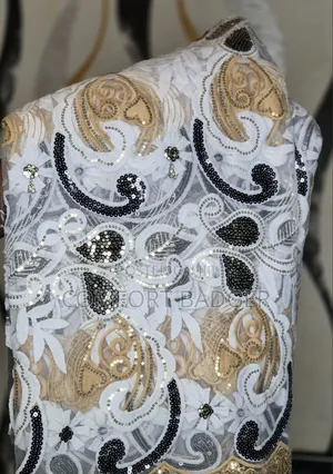 White Lace With Black and Gold Designs With Sequin