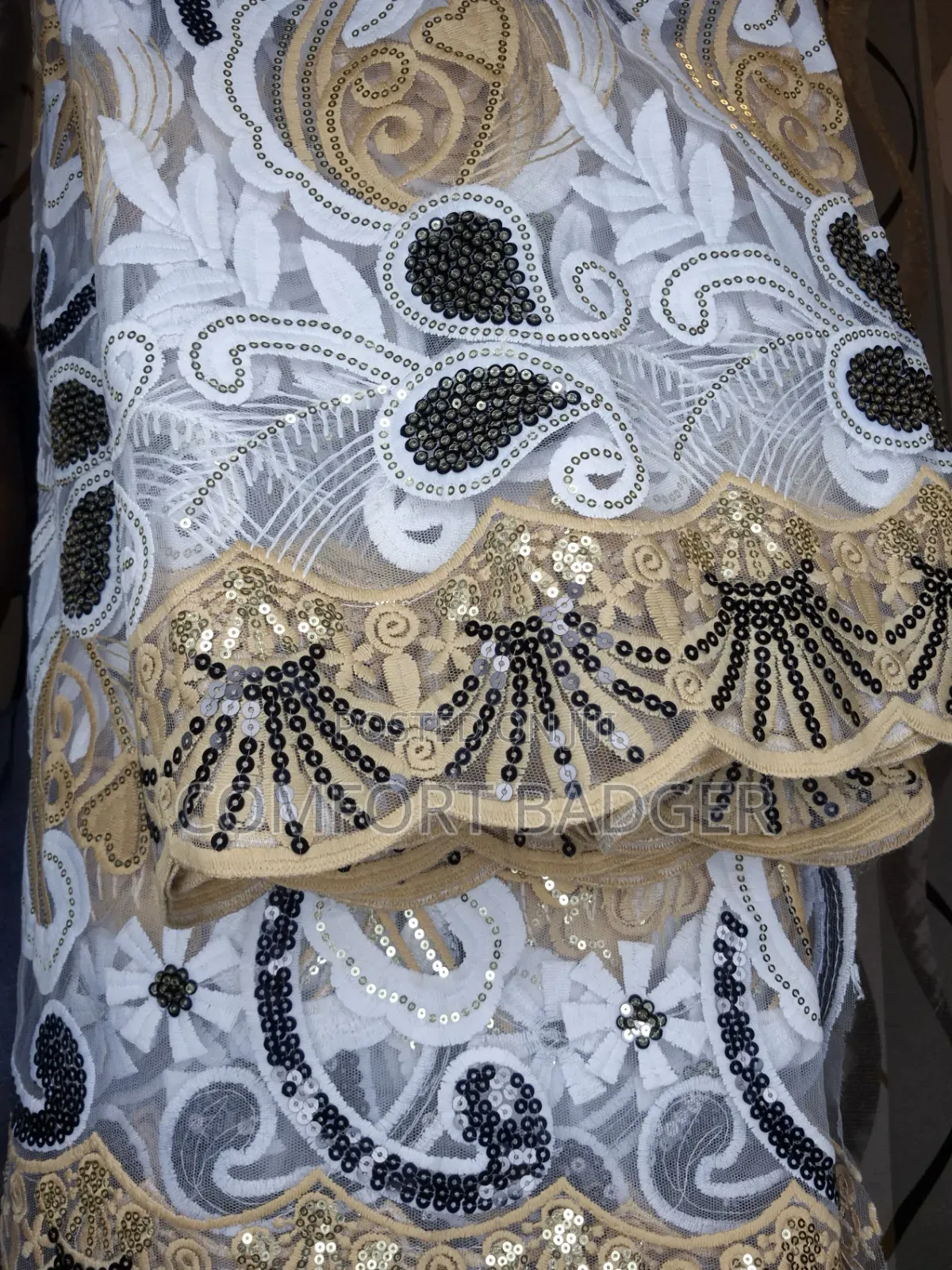 White Lace With Black and Gold Designs With Sequin