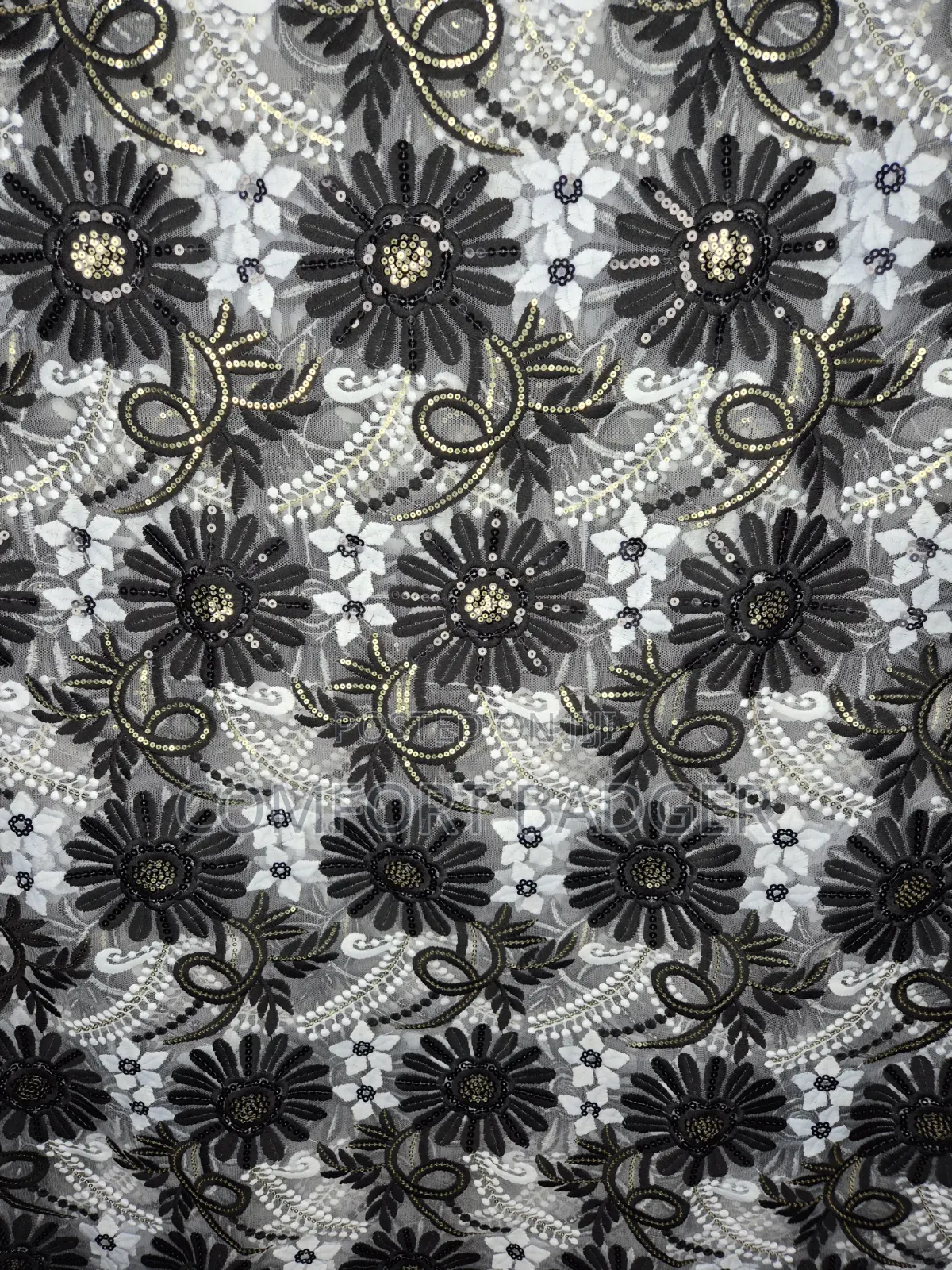 Beautiful Mesh Lace With Black Embroidery and Gold Sequins