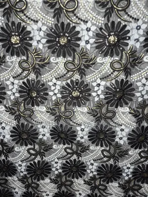 Beautiful Mesh Lace With Black Embroidery and Gold Sequins