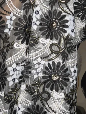 Beautiful Mesh Lace With Black Embroidery and Gold Sequins