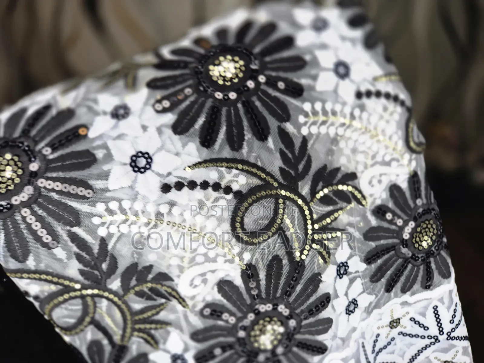 Beautiful Mesh Lace With Black Embroidery and Gold Sequins