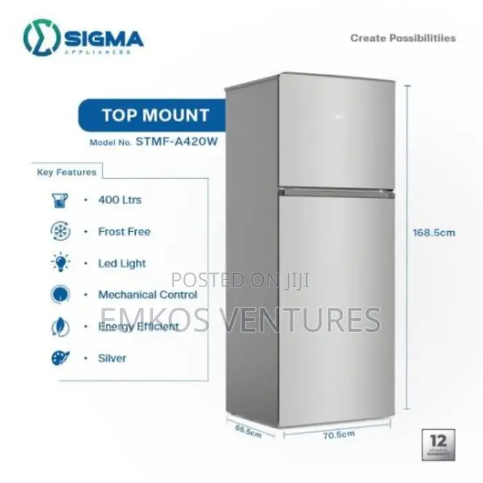 Sigma Fridge Top Mount STMF-A420w-400l Silver
