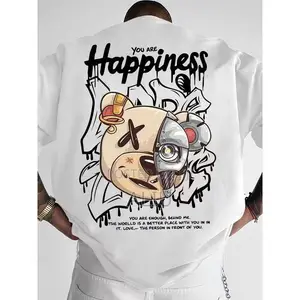 Men’s Oversized Graphic T-Shirt – Bear Print Streetwear (Beige)