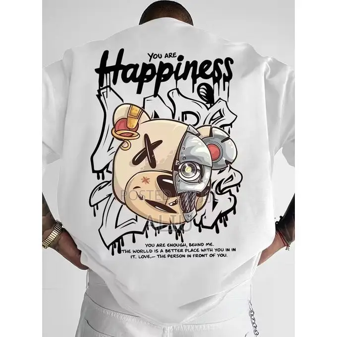 Men’s Oversized Graphic T-Shirt – Bear Print Streetwear (Beige)