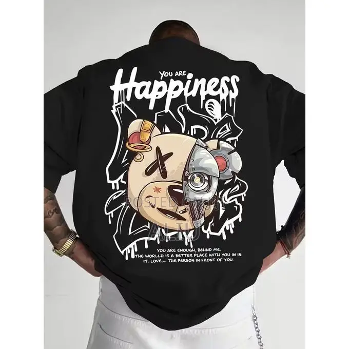 Men’s Oversized Graphic T-Shirt – Bear Print Streetwear (Beige)