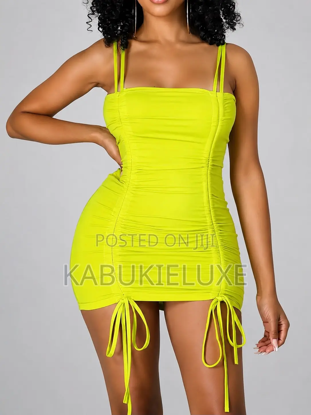 Neon Lime Ruched Bodycon Mini Dress for Ladies