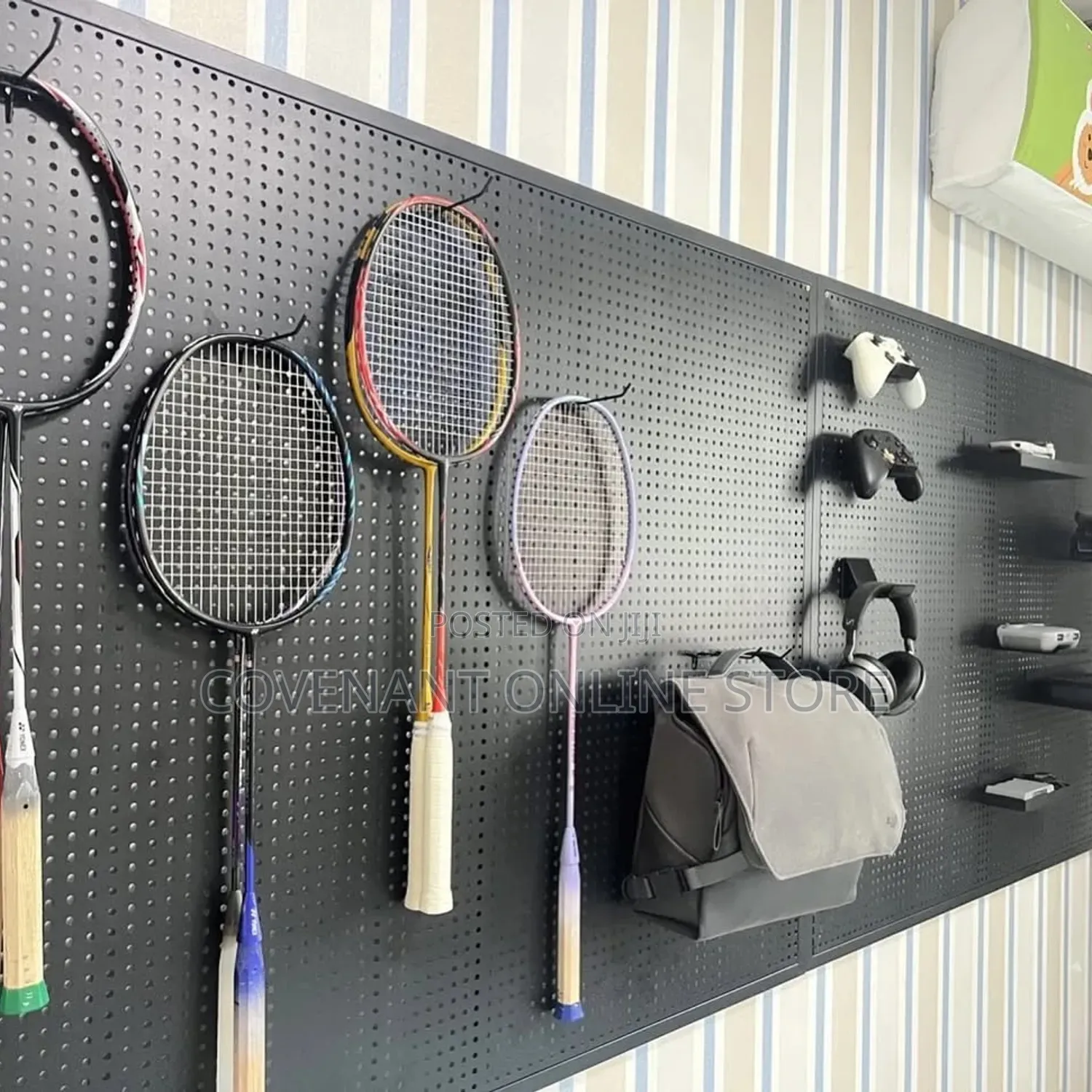 Aesthetic Black Metallic Pegboard With Hooks.