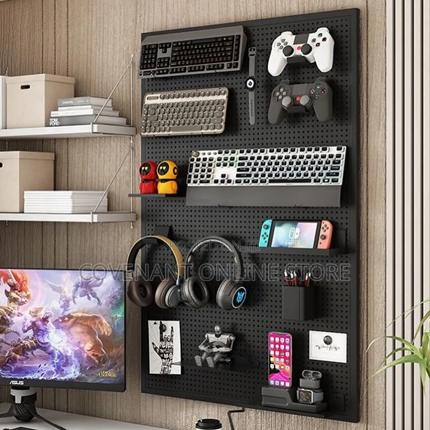 Aesthetic Black Metallic Pegboard With Hooks.