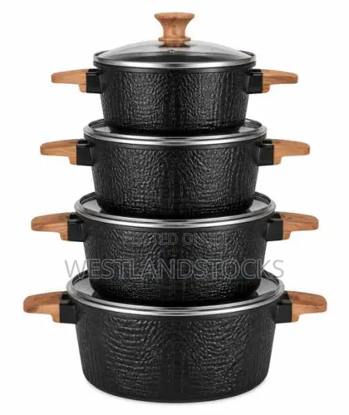 Non-Stick Pot Set With Wood-Look Handles and Glass Lid