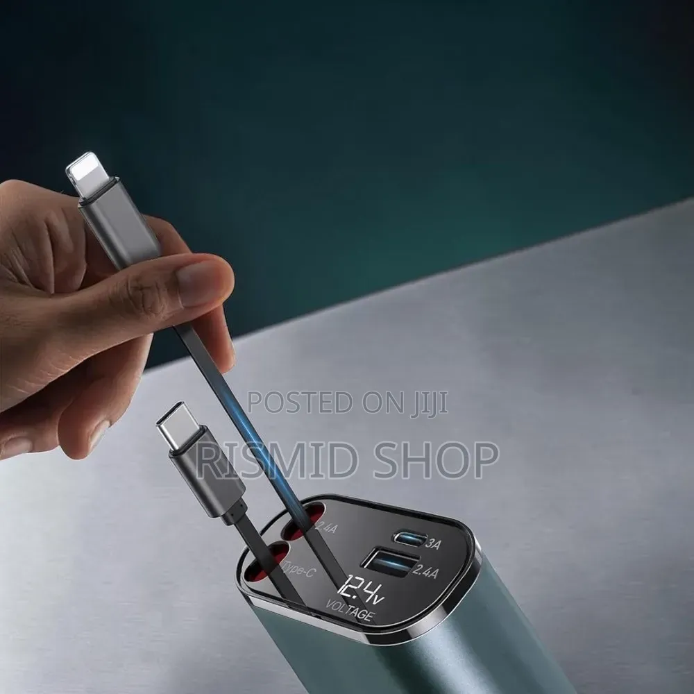 1 Car Charger With 2 Retractable Cable (Type C iPhone)