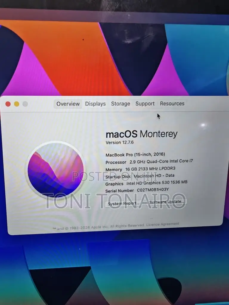Laptop Apple MacBook Pro 2016 16GB Intel Core i7 SSD 500GB