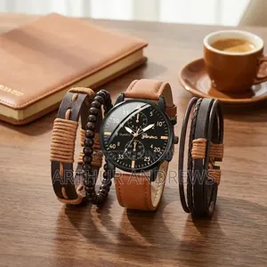 Men's Brown Stainless Steel Quartz Watch PU Bracelet Set-097471