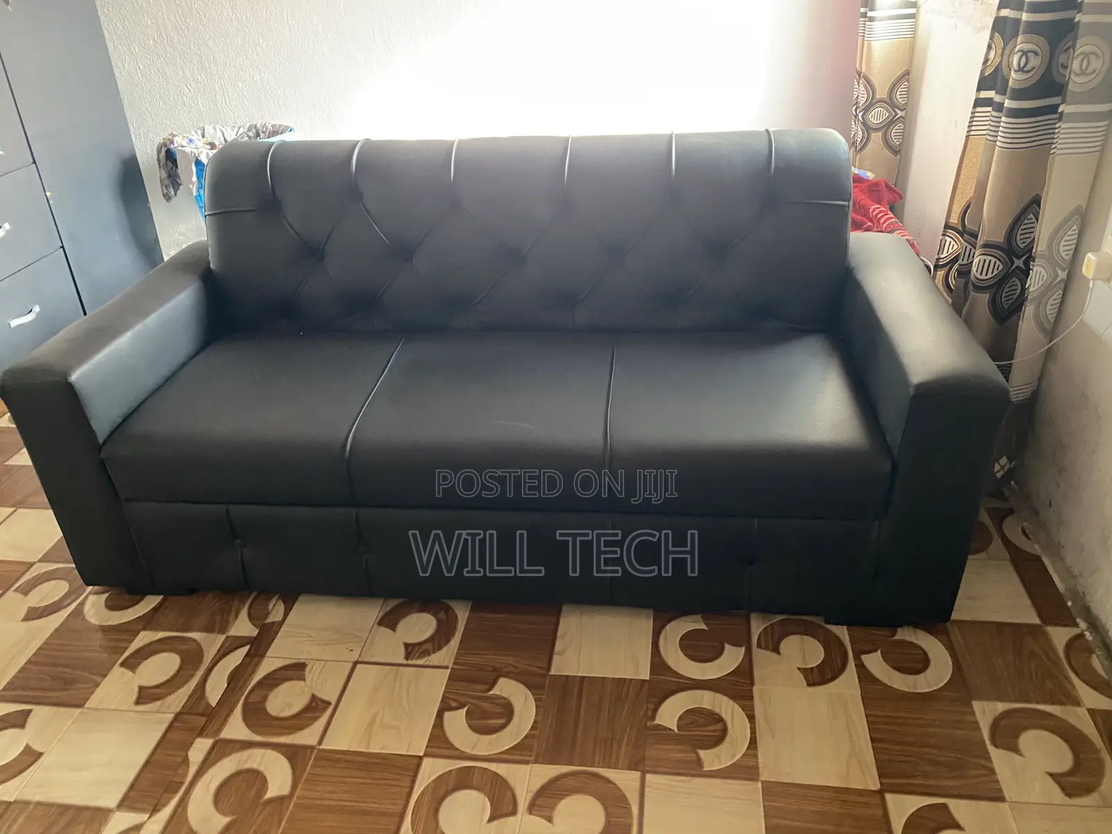 Modern Black Leather 3-Seater Sofa