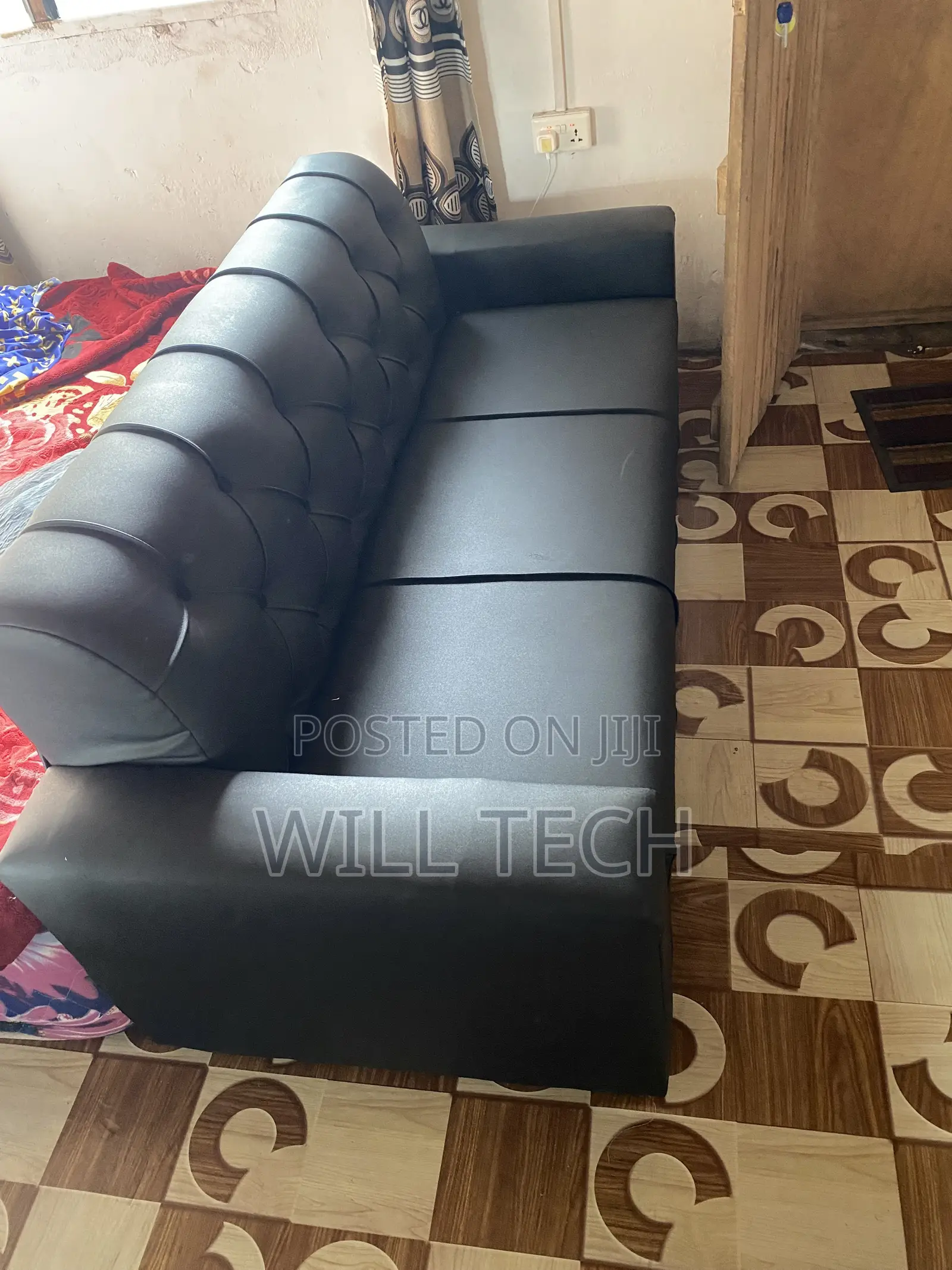 Modern Black Leather 3-Seater Sofa
