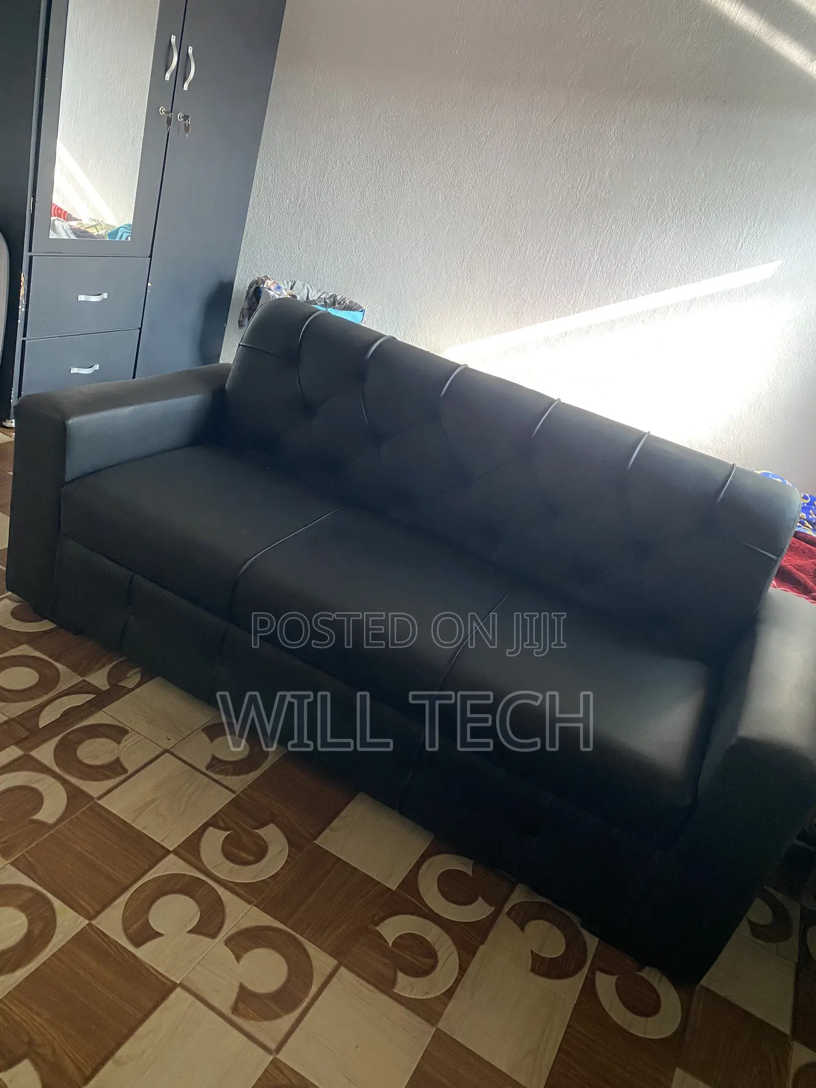 Modern Black Leather 3-Seater Sofa