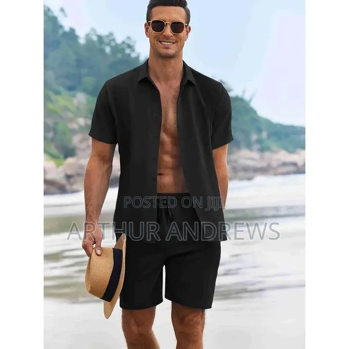 Men’s Cotton Shirt Shorts Set – Casual 2-Piece Outfit