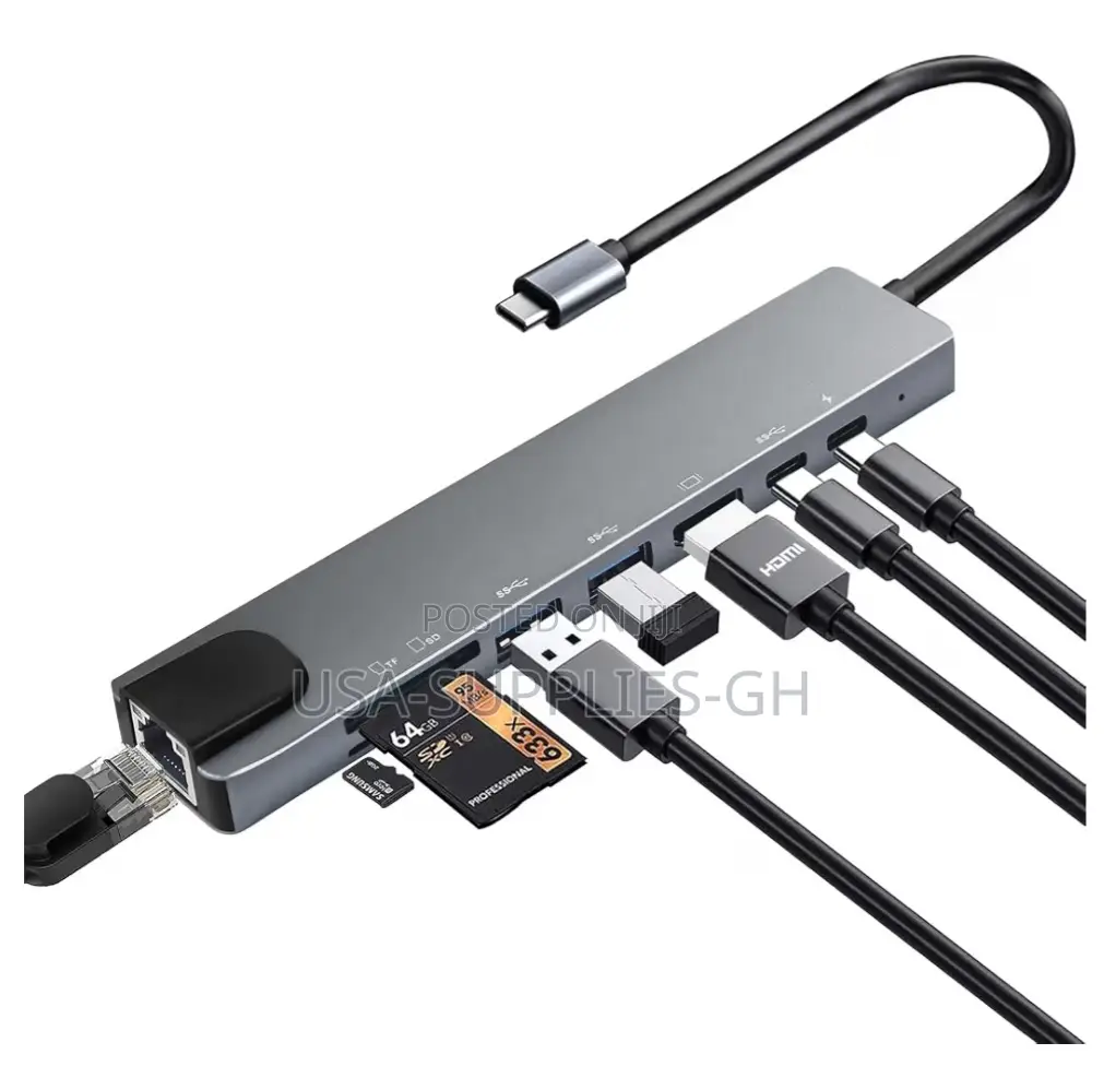 USB-C Hub 8 in 1 Multiport Ethernet Adapter 100W PD Charging From Usa