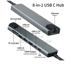USB-C Hub 8 in 1 Multiport Ethernet Adapter 100W PD Charging From Usa