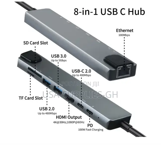 USB-C Hub 8 in 1 Multiport Ethernet Adapter 100W PD Charging From Usa